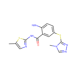 Cc1cnc(NC(=O)c2cc(Sc3nncn3C)ccc2N)s1 ZINC000045506232