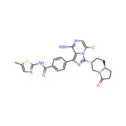 Cc1cnc(NC(=O)c2ccc(-c3nc([C@@H]4CC[C@H]5CCC(=O)N5C4)n4c(Cl)cnc(N)c34)cc2)s1 ZINC000145405915