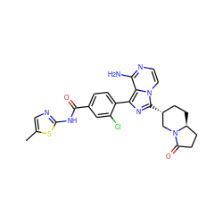 Cc1cnc(NC(=O)c2ccc(-c3nc([C@@H]4CC[C@H]5CCC(=O)N5C4)n4ccnc(N)c34)c(Cl)c2)s1 ZINC000145410256