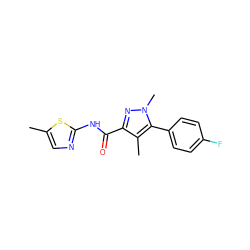 Cc1cnc(NC(=O)c2nn(C)c(-c3ccc(F)cc3)c2C)s1 ZINC000095604214