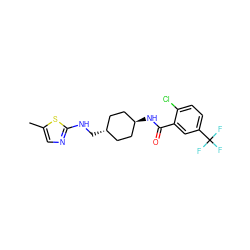 Cc1cnc(NC[C@H]2CC[C@H](NC(=O)c3cc(C(F)(F)F)ccc3Cl)CC2)s1 ZINC000261133977