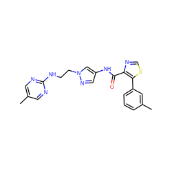 Cc1cnc(NCCn2cc(NC(=O)c3ncsc3-c3cccc(C)c3)cn2)nc1 ZINC001772576234