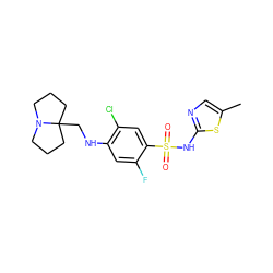 Cc1cnc(NS(=O)(=O)c2cc(Cl)c(NCC34CCCN3CCC4)cc2F)s1 ZINC001772656717