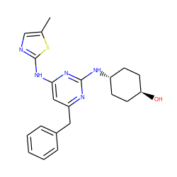 Cc1cnc(Nc2cc(Cc3ccccc3)nc(N[C@H]3CC[C@H](O)CC3)n2)s1 ZINC000261131703