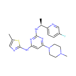 Cc1cnc(Nc2cc(N3CCN(C)CC3)nc(N[C@@H](C)c3ccc(F)cn3)n2)s1 ZINC000043200596