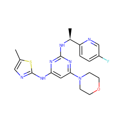 Cc1cnc(Nc2cc(N3CCOCC3)nc(N[C@@H](C)c3ccc(F)cn3)n2)s1 ZINC000049053703