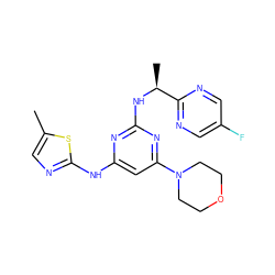 Cc1cnc(Nc2cc(N3CCOCC3)nc(N[C@@H](C)c3ncc(F)cn3)n2)s1 ZINC000043200597