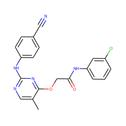 Cc1cnc(Nc2ccc(C#N)cc2)nc1OCC(=O)Nc1cccc(Cl)c1 ZINC000299859998