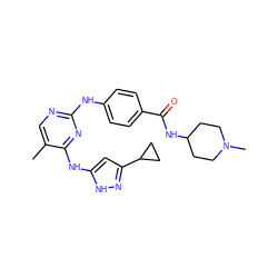 Cc1cnc(Nc2ccc(C(=O)NC3CCN(C)CC3)cc2)nc1Nc1cc(C2CC2)n[nH]1 ZINC000140619593