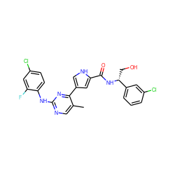 Cc1cnc(Nc2ccc(Cl)cc2F)nc1-c1c[nH]c(C(=O)N[C@H](CO)c2cccc(Cl)c2)c1 ZINC000045291735