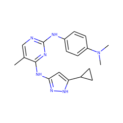 Cc1cnc(Nc2ccc(N(C)C)cc2)nc1Nc1cc(C2CC2)[nH]n1 ZINC000203004913