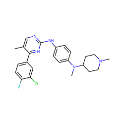 Cc1cnc(Nc2ccc(N(C)C3CCN(C)CC3)cc2)nc1-c1ccc(F)c(Cl)c1 ZINC000084604871