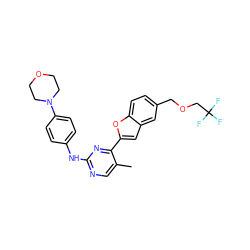 Cc1cnc(Nc2ccc(N3CCOCC3)cc2)nc1-c1cc2cc(COCC(F)(F)F)ccc2o1 ZINC001772585404