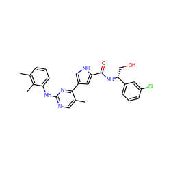 Cc1cnc(Nc2cccc(C)c2C)nc1-c1c[nH]c(C(=O)N[C@H](CO)c2cccc(Cl)c2)c1 ZINC000045283983