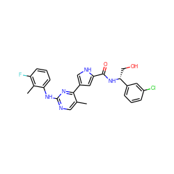 Cc1cnc(Nc2cccc(F)c2C)nc1-c1c[nH]c(C(=O)N[C@H](CO)c2cccc(Cl)c2)c1 ZINC000045314659