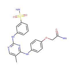 Cc1cnc(Nc2cccc(S(N)(=O)=O)c2)nc1Nc1ccc(OCC(N)=O)cc1 ZINC000063298077