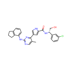 Cc1cnc(Nc2cccc3c2CCC3)nc1-c1c[nH]c(C(=O)N[C@H](CO)c2cccc(Cl)c2)c1 ZINC000045254437