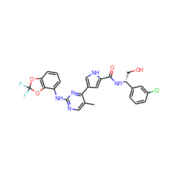 Cc1cnc(Nc2cccc3c2OC(F)(F)O3)nc1-c1c[nH]c(C(=O)N[C@H](CO)c2cccc(Cl)c2)c1 ZINC000049708969