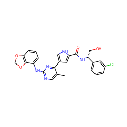 Cc1cnc(Nc2cccc3c2OCO3)nc1-c1c[nH]c(C(=O)N[C@H](CO)c2cccc(Cl)c2)c1 ZINC000045284232