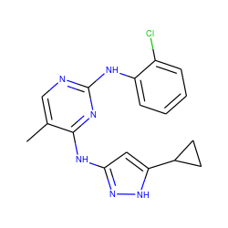 Cc1cnc(Nc2ccccc2Cl)nc1Nc1cc(C2CC2)[nH]n1 ZINC000203004900