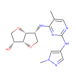 Cc1cnc(Nc2cnn(C)c2)nc1N[C@@H]1CO[C@@H]2[C@H](O)CO[C@H]12 ZINC001772654274