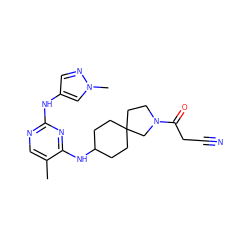 Cc1cnc(Nc2cnn(C)c2)nc1NC1CCC2(CC1)CCN(C(=O)CC#N)C2 ZINC001772649462