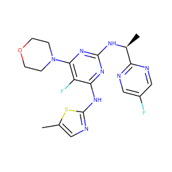 Cc1cnc(Nc2nc(N[C@@H](C)c3ncc(F)cn3)nc(N3CCOCC3)c2F)s1 ZINC000043200595