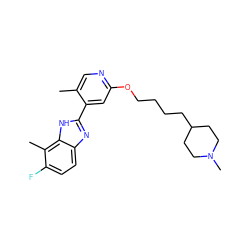 Cc1cnc(OCCCCC2CCN(C)CC2)cc1-c1nc2ccc(F)c(C)c2[nH]1 ZINC000068206160