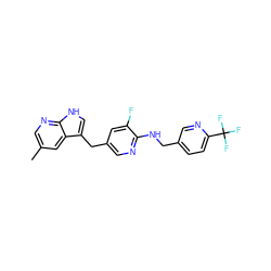 Cc1cnc2[nH]cc(Cc3cnc(NCc4ccc(C(F)(F)F)nc4)c(F)c3)c2c1 ZINC000117438425