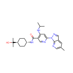 Cc1cnc2c(cnn2-c2cc(NC(C)C)c(C(=O)N[C@H]3CC[C@H](C(C)(C)O)CC3)cn2)c1 ZINC001772642841