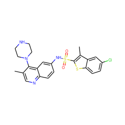 Cc1cnc2ccc(NS(=O)(=O)c3sc4ccc(Cl)cc4c3C)cc2c1N1CCNCC1 ZINC000026723227