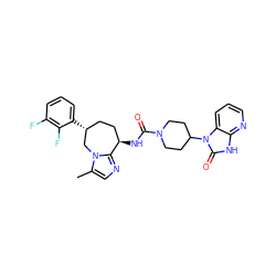 Cc1cnc2n1C[C@H](c1cccc(F)c1F)CC[C@H]2NC(=O)N1CCC(n2c(=O)[nH]c3ncccc32)CC1 ZINC000071341257