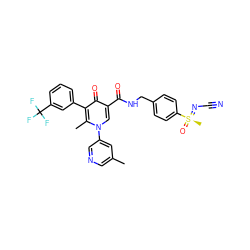 Cc1cncc(-n2cc(C(=O)NCc3ccc([S@@](C)(=O)=NC#N)cc3)c(=O)c(-c3cccc(C(F)(F)F)c3)c2C)c1 ZINC000149914140