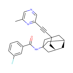 Cc1cncc(C#CC23C[C@@H]4C[C@H](C2)CC(NC(=O)c2cccc(F)c2)(C4)C3)n1 ZINC000205010525