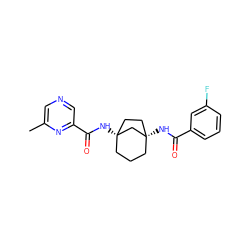 Cc1cncc(C(=O)N[C@]23CCC[C@](NC(=O)c4cccc(F)c4)(CC2)C3)n1 ZINC000169710852