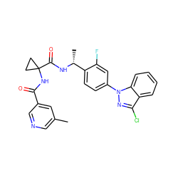 Cc1cncc(C(=O)NC2(C(=O)N[C@H](C)c3ccc(-n4nc(Cl)c5ccccc54)cc3F)CC2)c1 ZINC000072110884