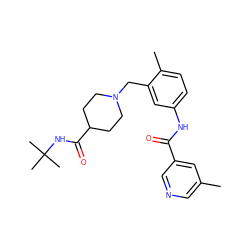 Cc1cncc(C(=O)Nc2ccc(C)c(CN3CCC(C(=O)NC(C)(C)C)CC3)c2)c1 ZINC000210645189