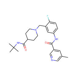 Cc1cncc(C(=O)Nc2ccc(F)c(CN3CCC(C(=O)NC(C)(C)C)CC3)c2)c1 ZINC001772634856