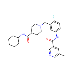 Cc1cncc(C(=O)Nc2ccc(F)c(CN3CCC(C(=O)NC4CCCCC4)CC3)c2)c1 ZINC001772618973