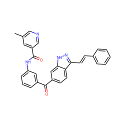 Cc1cncc(C(=O)Nc2cccc(C(=O)c3ccc4c(/C=C/c5ccccc5)n[nH]c4c3)c2)c1 ZINC000167347922