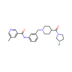 Cc1cncc(C(=O)Nc2cccc(CN3CCC(C(=O)N4CC[C@H](F)C4)CC3)c2)c1 ZINC001772587222