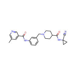 Cc1cncc(C(=O)Nc2cccc(CN3CCC(C(=O)NC4(C#N)CC4)CC3)c2)c1 ZINC001772628275