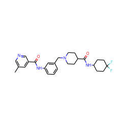 Cc1cncc(C(=O)Nc2cccc(CN3CCC(C(=O)NC4CCC(F)(F)CC4)CC3)c2)c1 ZINC001772621607