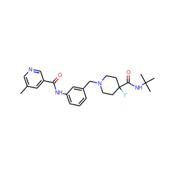 Cc1cncc(C(=O)Nc2cccc(CN3CCC(F)(C(=O)NC(C)(C)C)CC3)c2)c1 ZINC000210577903