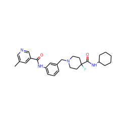 Cc1cncc(C(=O)Nc2cccc(CN3CCC(F)(C(=O)NC4CCCCC4)CC3)c2)c1 ZINC000216445923