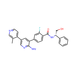 Cc1cnccc1-c1cnc(N)c(-c2ccc(C(=O)N[C@H](CO)c3ccccc3)c(F)c2)c1 ZINC001772619792