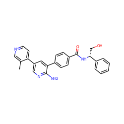 Cc1cnccc1-c1cnc(N)c(-c2ccc(C(=O)N[C@H](CO)c3ccccc3)cc2)c1 ZINC001772630388