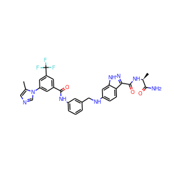 Cc1cncn1-c1cc(C(=O)Nc2cccc(CNc3ccc4c(C(=O)N[C@@H](C)C(N)=O)n[nH]c4c3)c2)cc(C(F)(F)F)c1 ZINC000653792892
