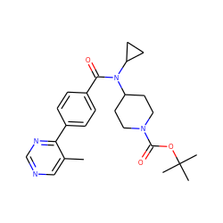 Cc1cncnc1-c1ccc(C(=O)N(C2CC2)C2CCN(C(=O)OC(C)(C)C)CC2)cc1 ZINC000223651921