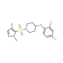 Cc1cnn(C)c1S(=O)(=O)N1CCC(Oc2ccc(Cl)cc2Cl)CC1 ZINC000207225457